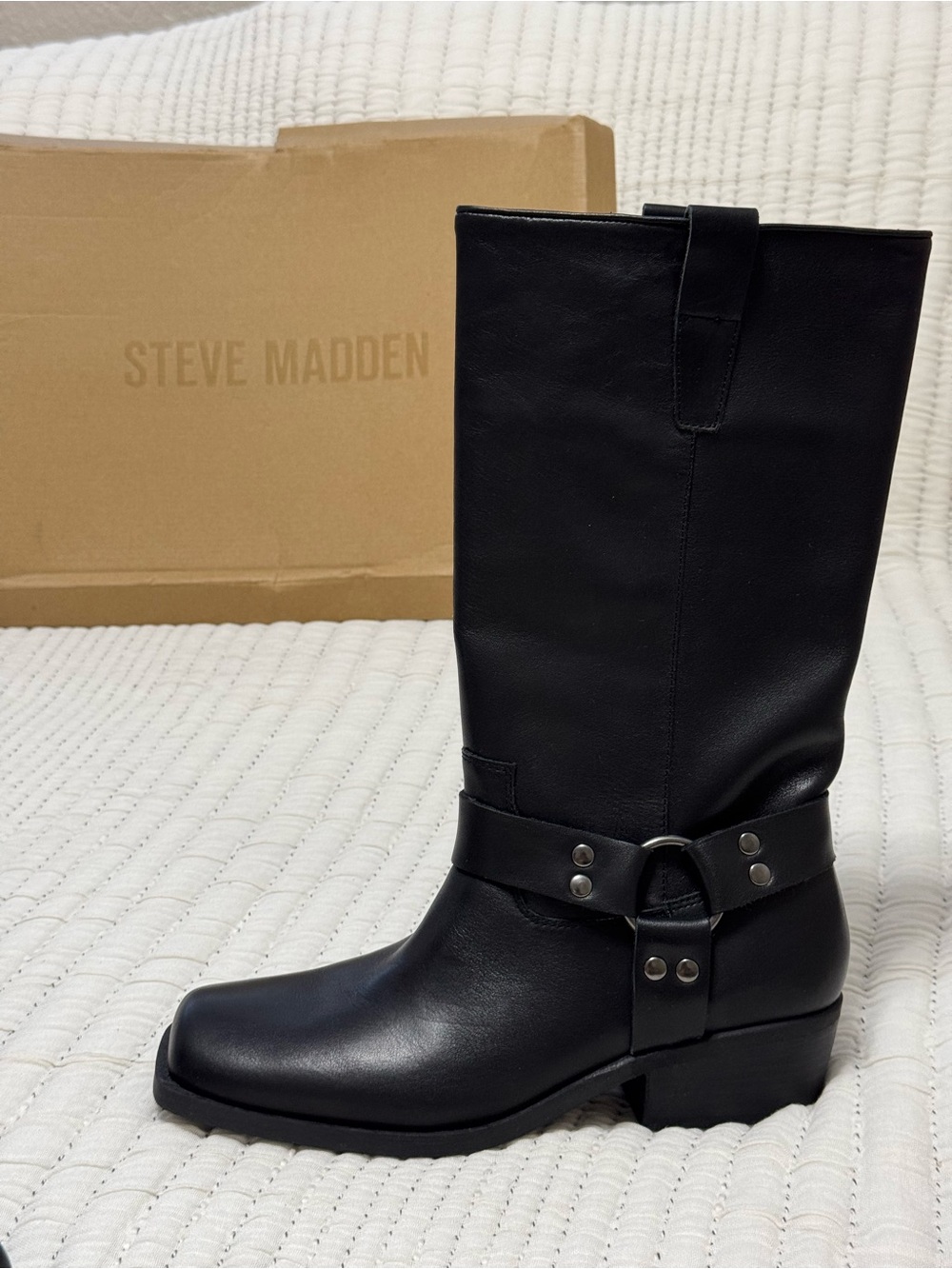Steve Madden Black Leather Ruskin Moto Engineer Square Toe Boots Size 9.5M - Picture 2 of 6